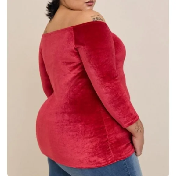 Torrid Red Stretch Velvet Shirred Front Off The Shoulder Blouse Shirt Top - Picture 5 of 8